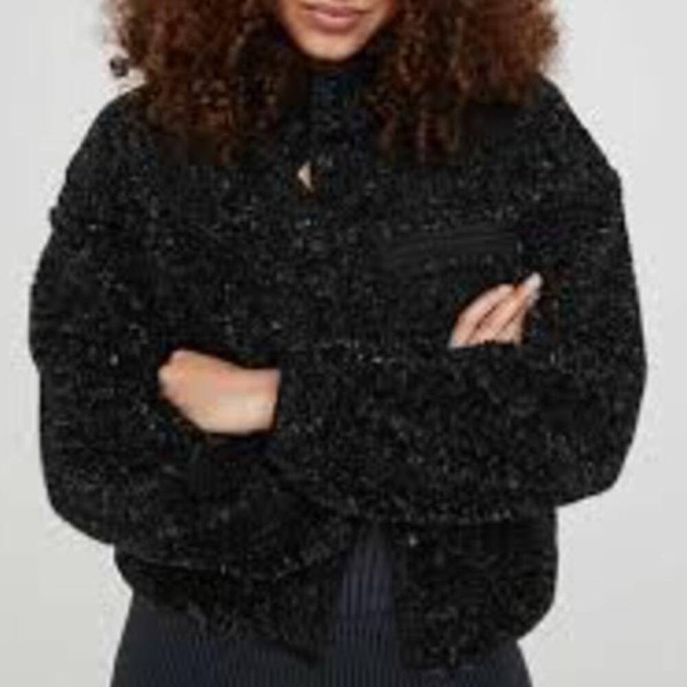NEW Aerie Offline Sz M Snap Button Sherpa Teddy Jacket in Speckled Black Gray